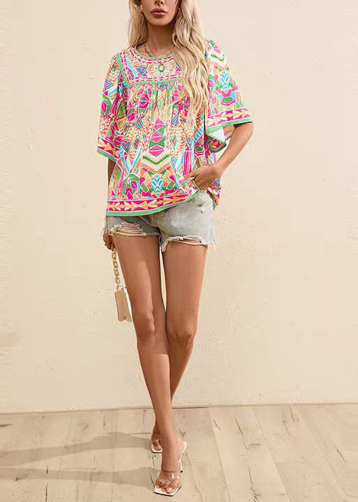 French Rainbow O-Neck Wrinkled Print Cotton Shirt Summer