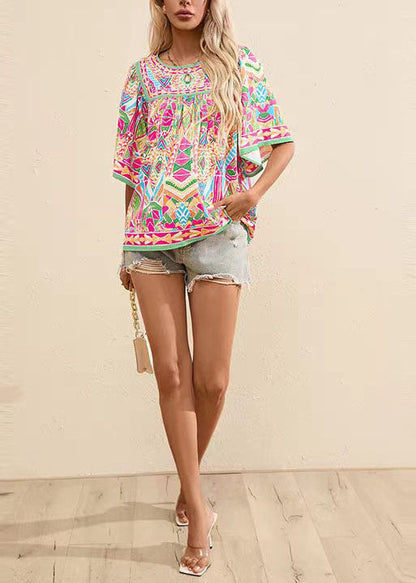 French Rainbow O-Neck Wrinkled Print Cotton Shirt Summer