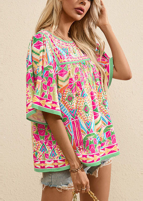 French Rainbow O-Neck Wrinkled Print Cotton Shirt Summer