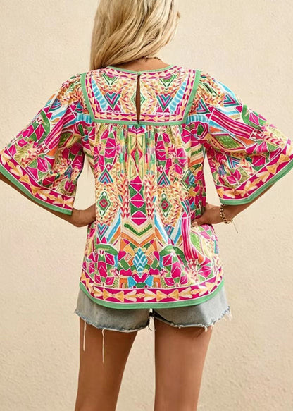 French Rainbow O-Neck Wrinkled Print Cotton Shirt Summer