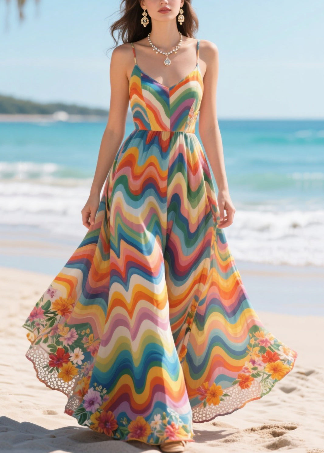 French Rainbow Striped Exra Large Hem Chiffon Long Dresses Summer