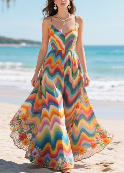 French Rainbow Striped Exra Large Hem Chiffon Long Dresses Summer