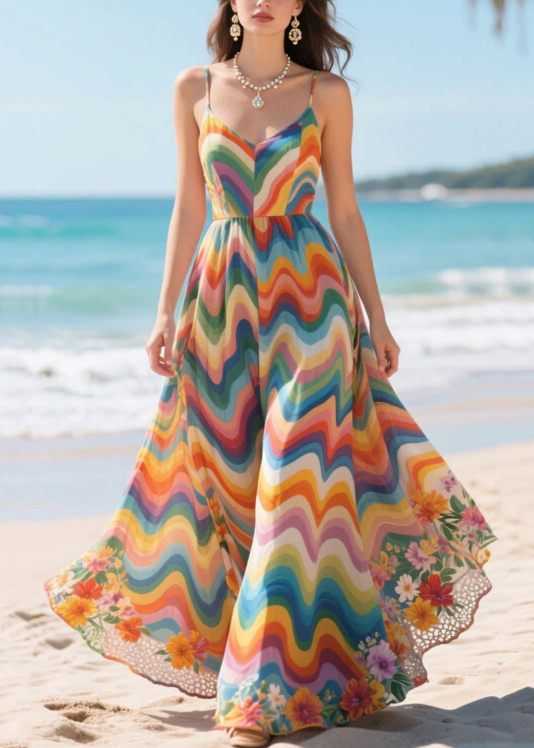 French Rainbow Striped Exra Large Hem Chiffon Long Dresses Summer