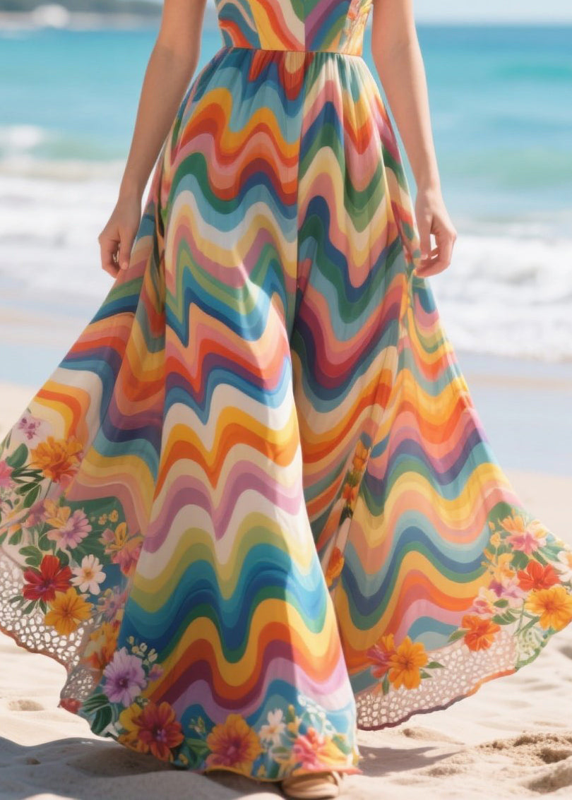 French Rainbow Striped Exra Large Hem Chiffon Long Dresses Summer