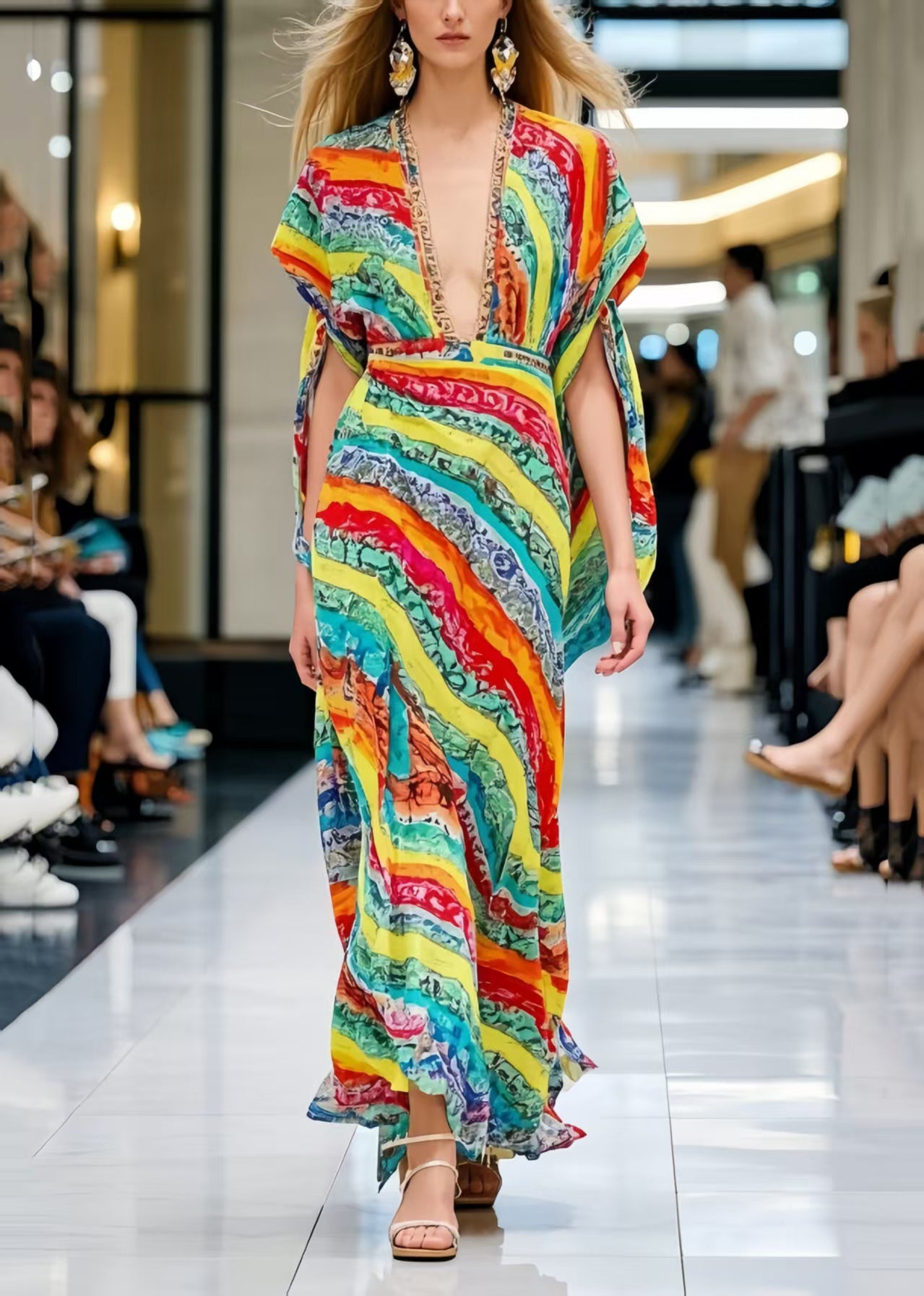 French Rainbow V Neck Print Chiffon Ankle Dress Summer