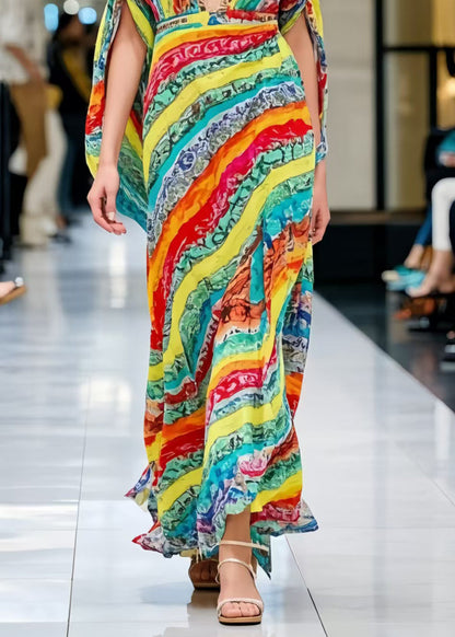 French Rainbow V Neck Print Chiffon Ankle Dress Summer