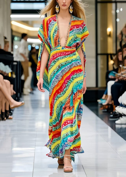 French Rainbow V Neck Print Chiffon Ankle Dress Summer