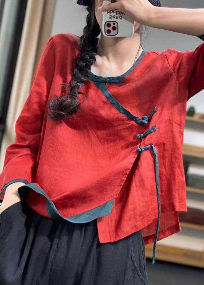 French Red Asymmetrical Button Linen Blouses Long Sleeve