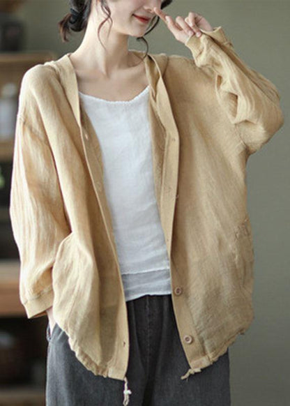 French Red Button hooded Ramie Long sleeve Shirt Tops - SooLinen