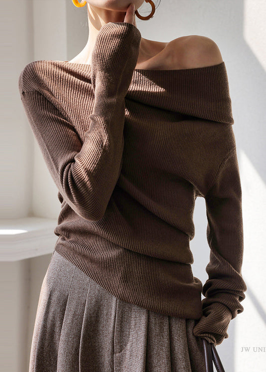 Tops de punto ajustados con hombros descubiertos en rojo francés para primavera