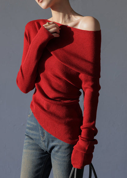French Red Cold Shoulder Silm Fit Knit Tops Spring