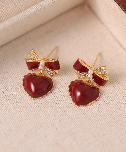 French Red Copper Alloy Zircon Bow Love Stud Earrings