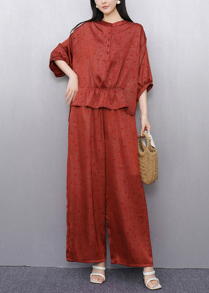 French Red Dot Tops And Wide Leg Pants Cotton Two Pieces Set Half Sleeve