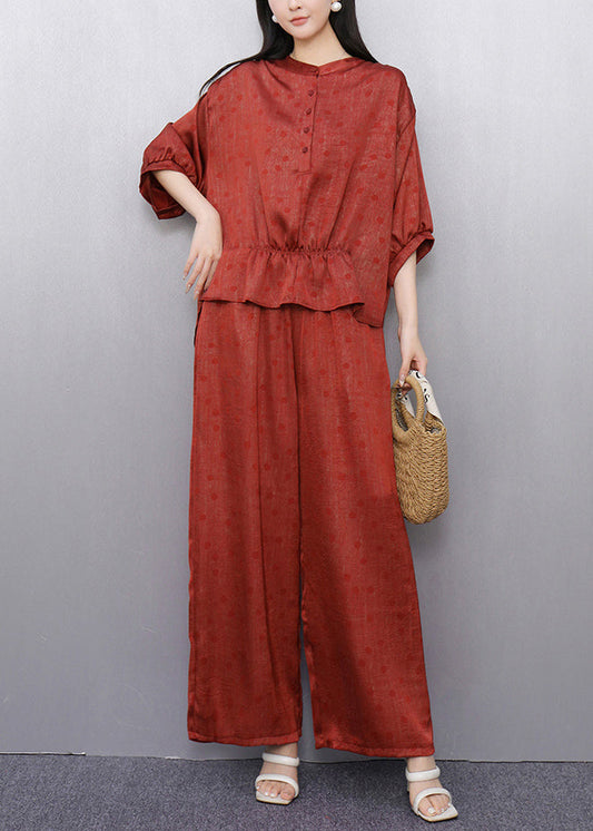 French Red Dot Tops And Wide Leg Pants Cotton Two Pieces Set Half Sleeve