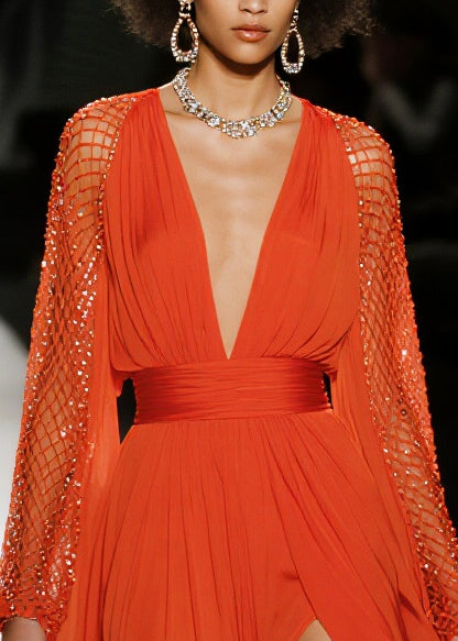 French Red Exra Large Hem Side Open Patchwork Mesh Chiffon Party Dresses Summer