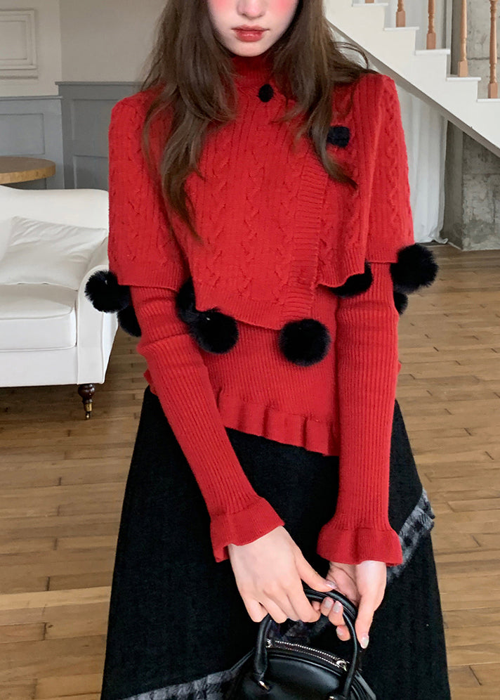 Conjunto de dos piezas de capa y suéter de punto de algodón decorado con bolas peludas rojas francesas para primavera