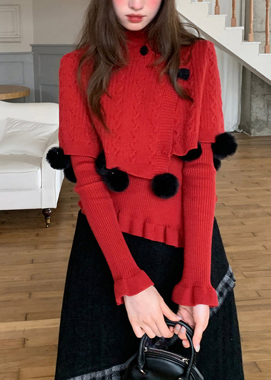 Conjunto de dos piezas de capa y suéter de punto de algodón decorado con bolas peludas rojas francesas para primavera