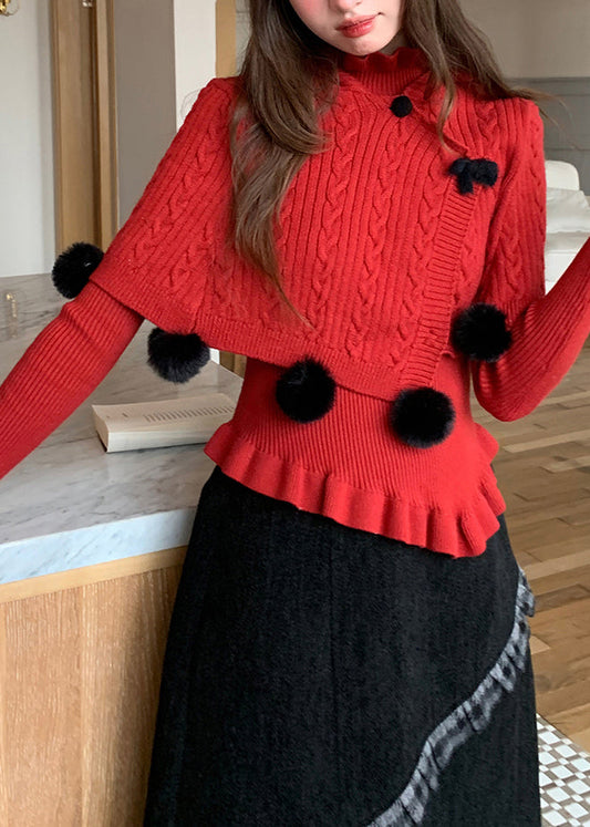 Conjunto de dos piezas de capa y suéter de punto de algodón decorado con bolas peludas rojas francesas para primavera