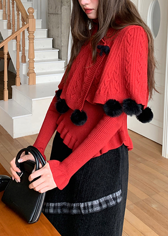 Conjunto de dos piezas de capa y suéter de punto de algodón decorado con bolas peludas rojas francesas para primavera