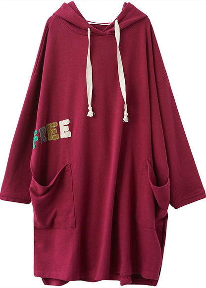 French Red Kapuzenpulloverkleid aus Baumwolle mit Grafik für den Winter