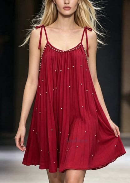 French Red Nail Bead Wrinkled Mini Dress Summer