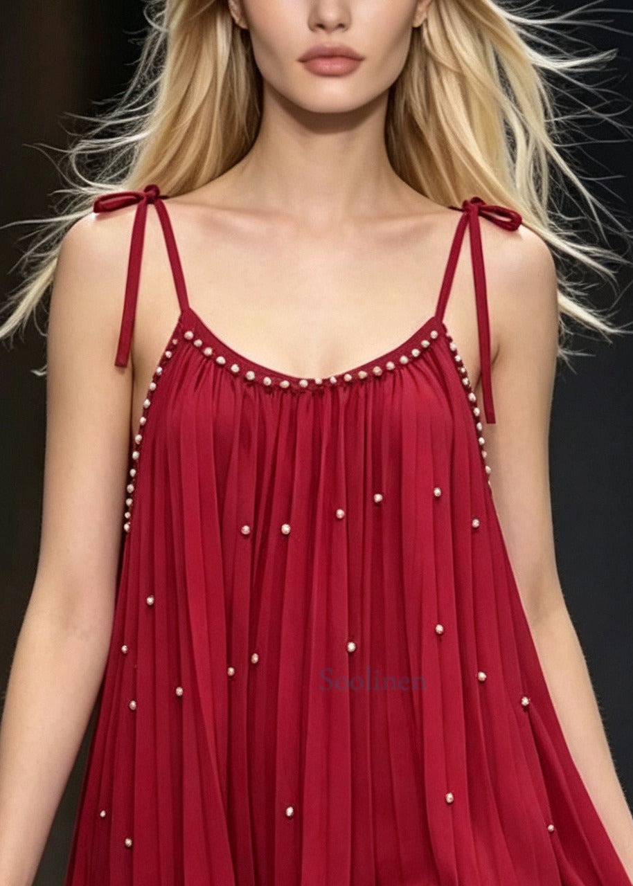French Red Nail Bead Wrinkled Mini Dress Summer