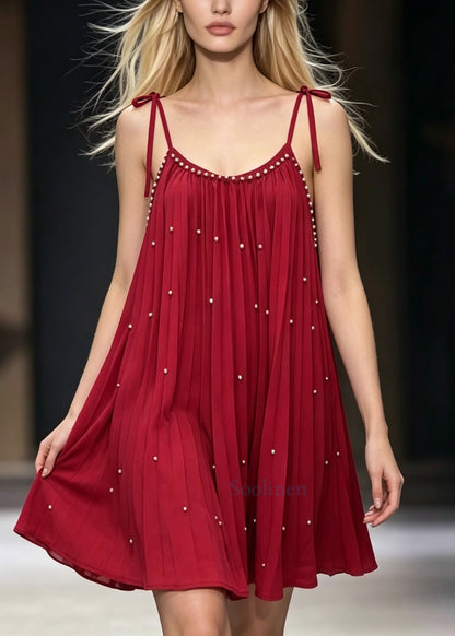 French Red Nail Bead Wrinkled Mini Dress Summer