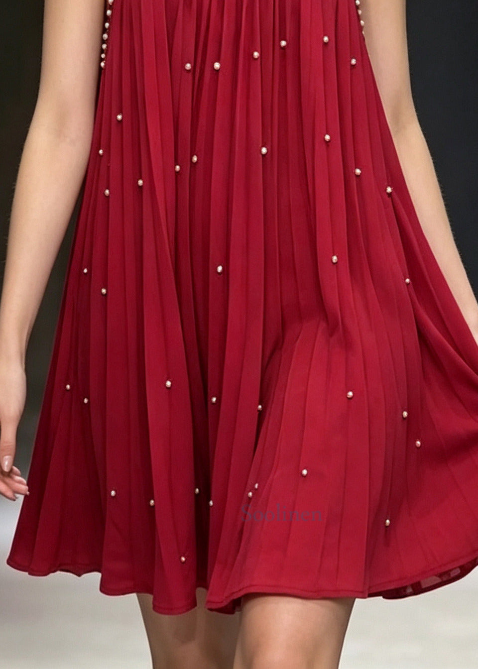French Red Nail Bead Wrinkled Mini Dress Summer