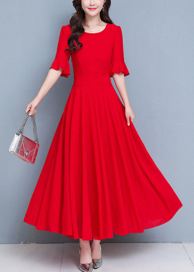 French Red O-Neck Patchwork High Waist Solid Maxi Dress Summer