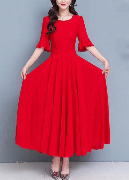 French Red O-Neck Patchwork High Waist Solid Maxi Dress Summer