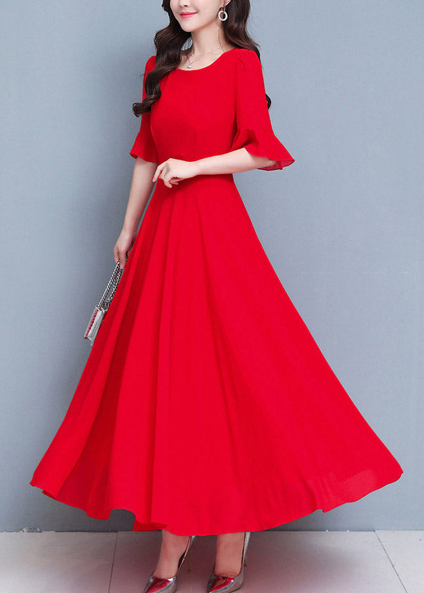 French Red O-Neck Patchwork High Waist Solid Maxi Dress Summer