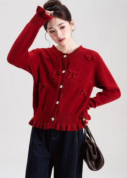 French Red O Neck Ruffled Bow Knit Cardigans Winter