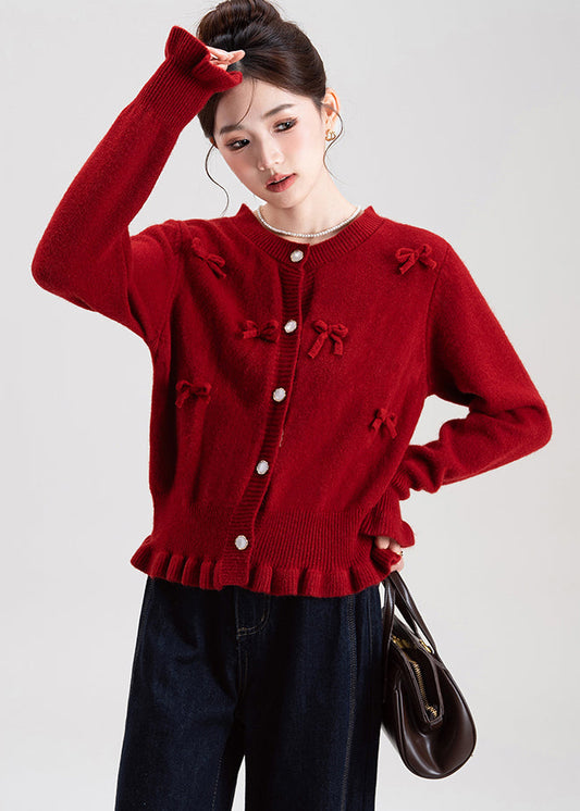 French Red O Neck Ruffled Bow Knit Cardigans Winter