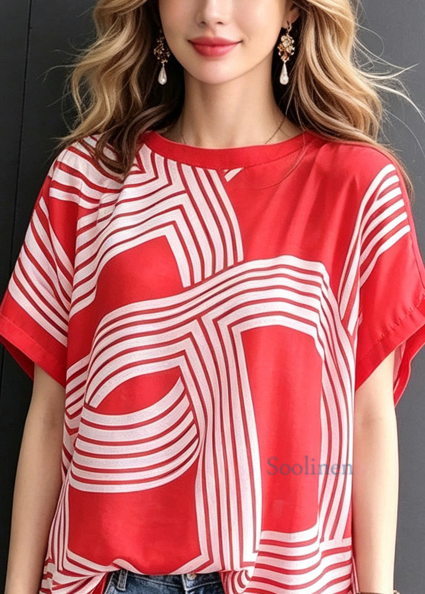 French Red O-Neck Side Open Print Chiffon Shirt Summer