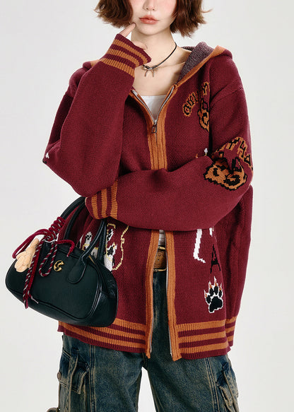 Französische rote Oversize-Strickhoodies mit Tierjacquardmuster, Frühlingsmode