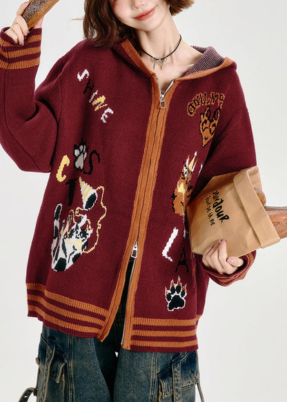 Französische rote Oversize-Strickhoodies mit Tierjacquardmuster, Frühlingsmode