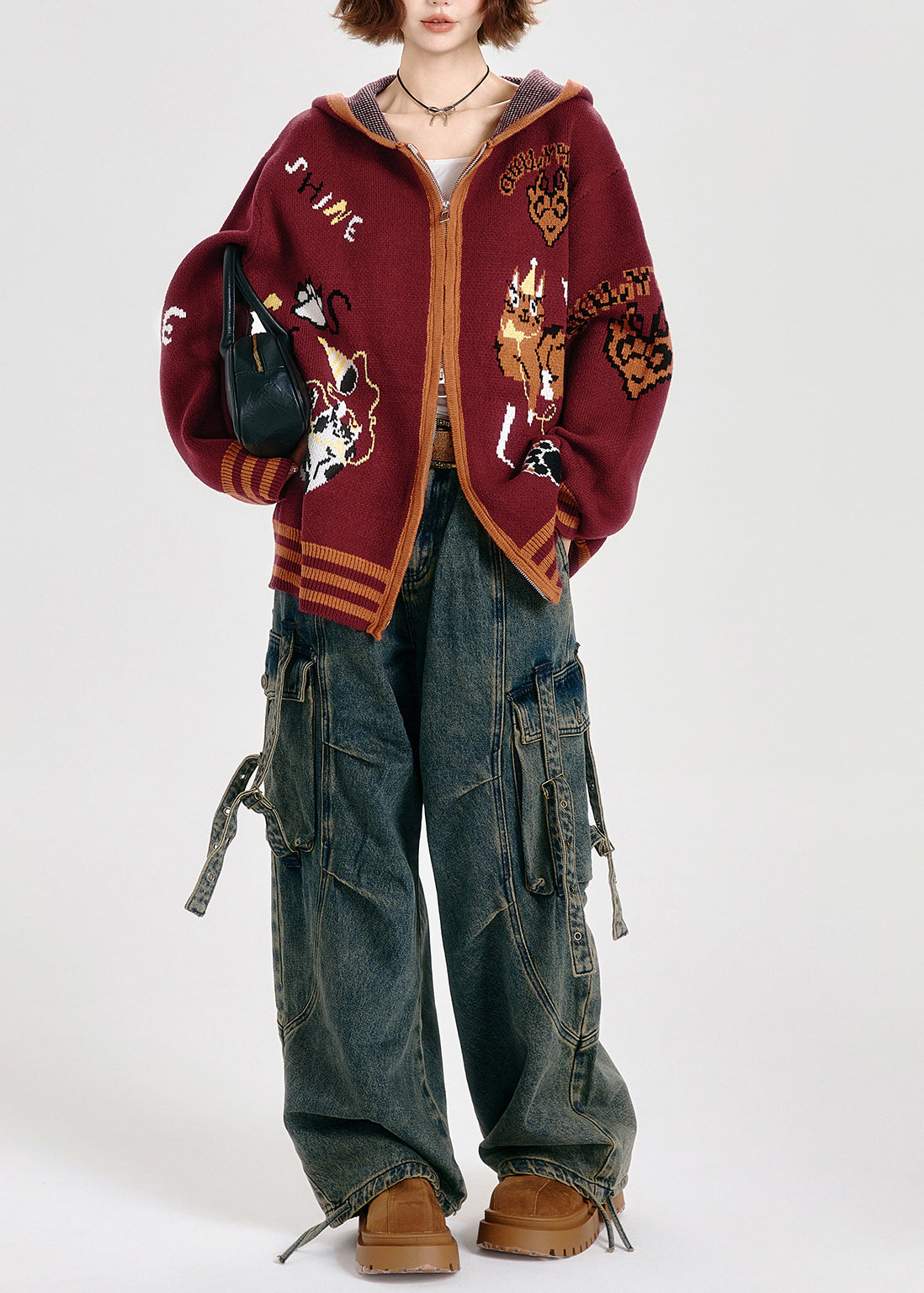 Französische rote Oversize-Strickhoodies mit Tierjacquardmuster, Frühlingsmode