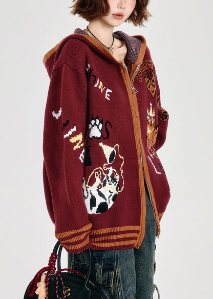 Französische rote Oversize-Strickhoodies mit Tierjacquardmuster, Frühlingsmode