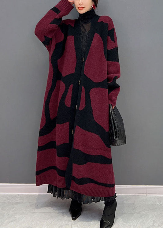 French Red Oversized Print Strick Lange Strickjacke Winter