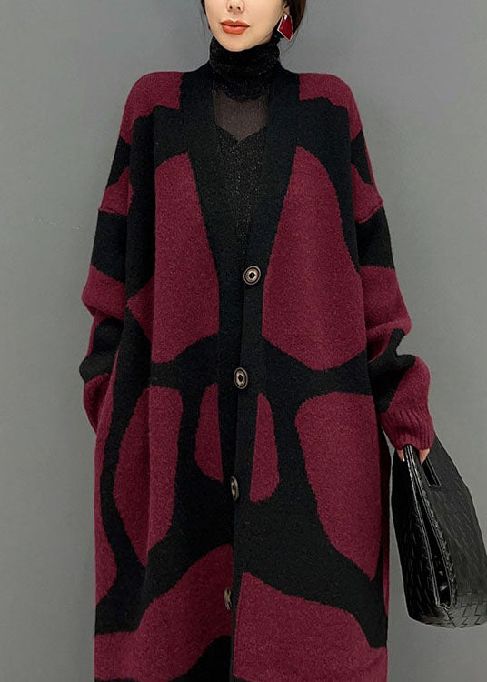 French Red Oversized Print Strick Lange Strickjacke Winter