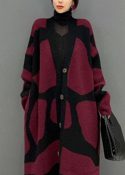 French Red Oversized Print Strick Lange Strickjacke Winter