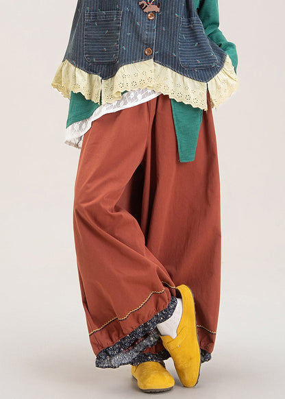 Pantalones anchos con cintura elástica y patchwork rojo francés para otoño