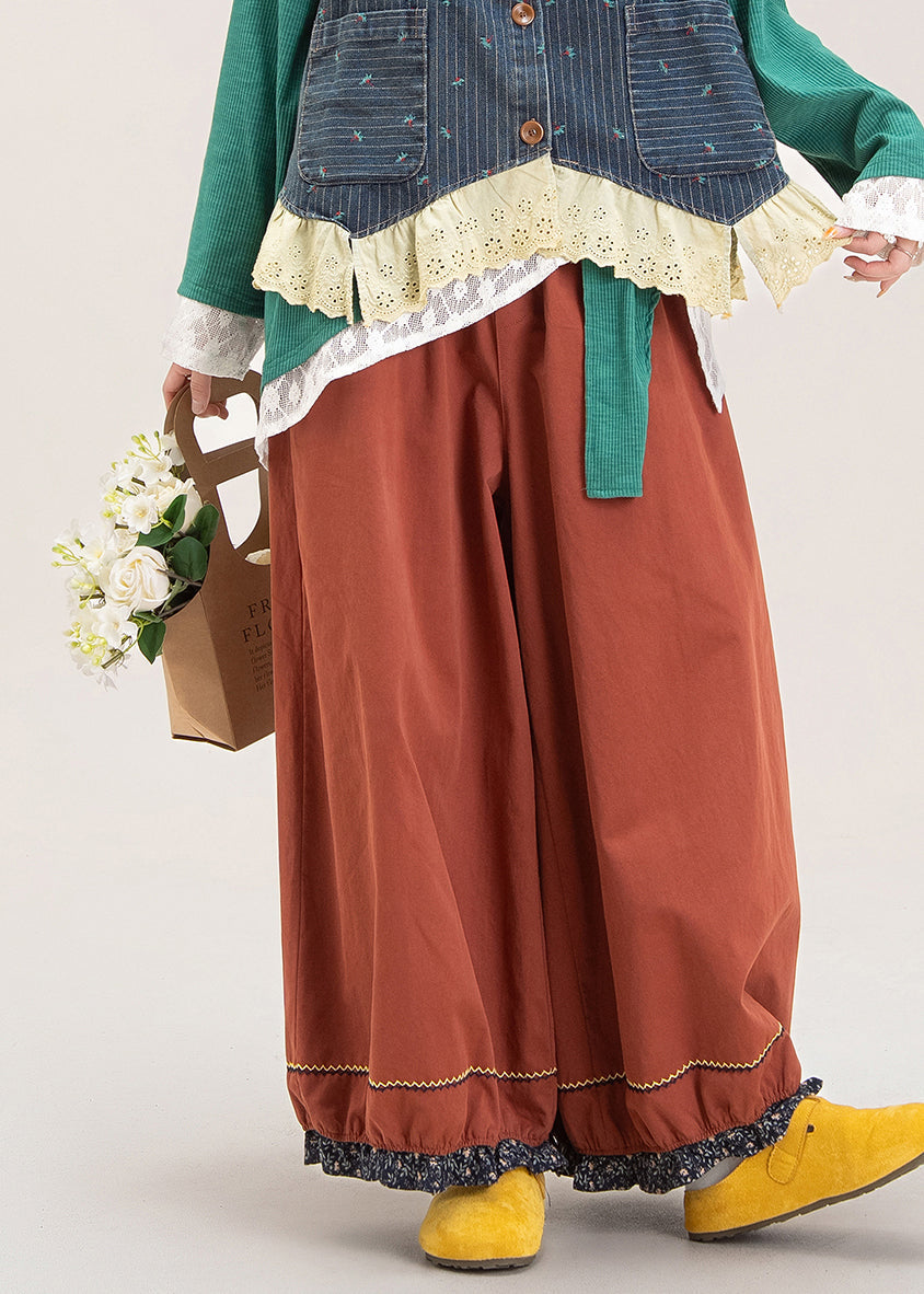 Pantalones anchos con cintura elástica y patchwork rojo francés para otoño