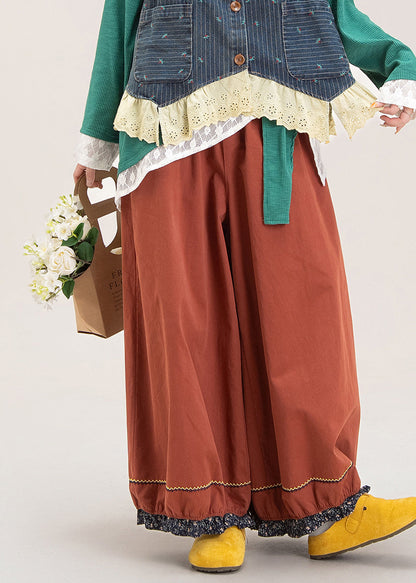 Pantalones anchos con cintura elástica y patchwork rojo francés para otoño