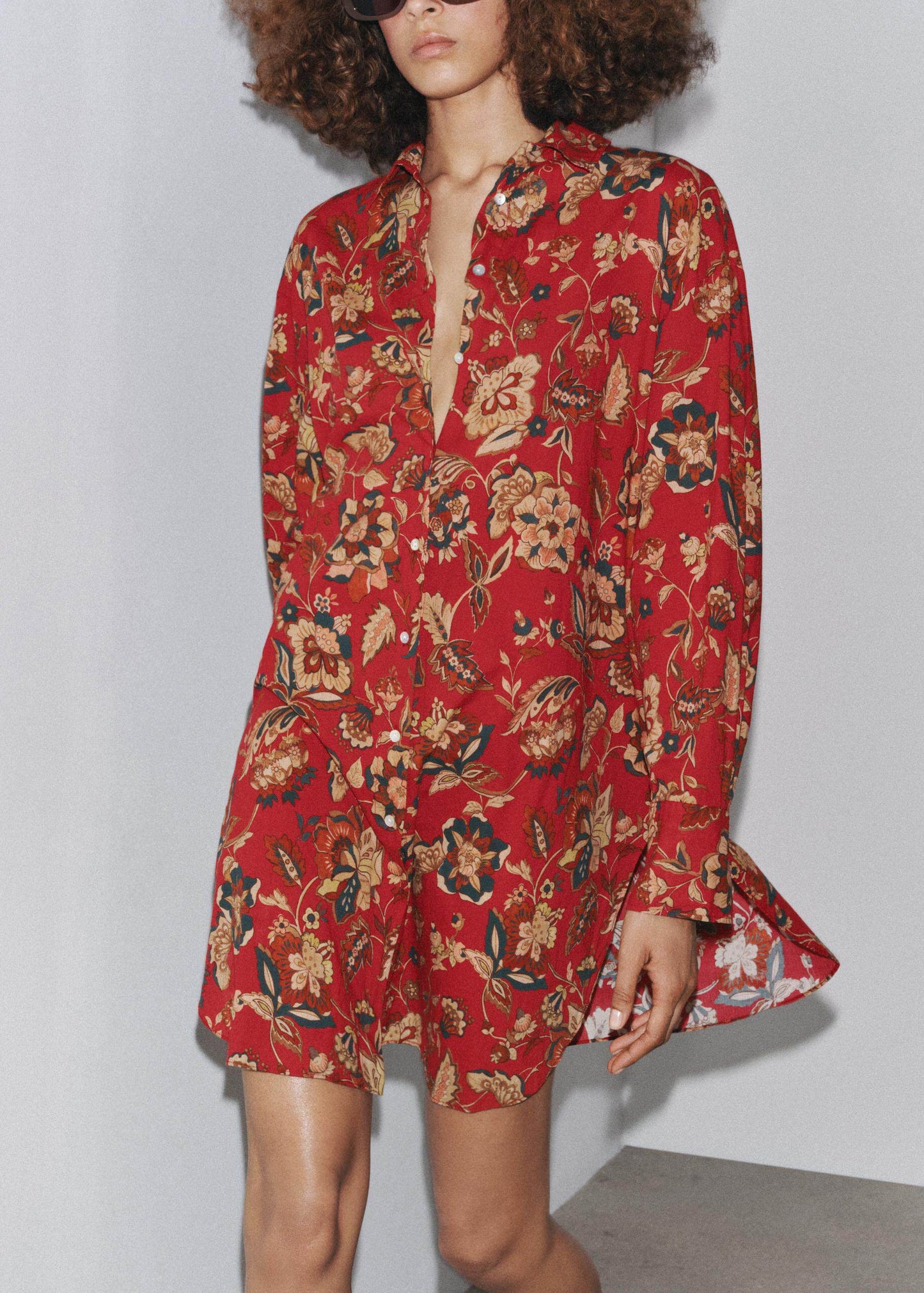 French Red Peter Pan Collar Print Cotton Shirt Dress Long Sleeve