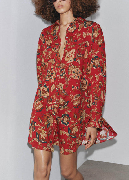 French Red Peter Pan Collar Print Cotton Shirt Dress Long Sleeve