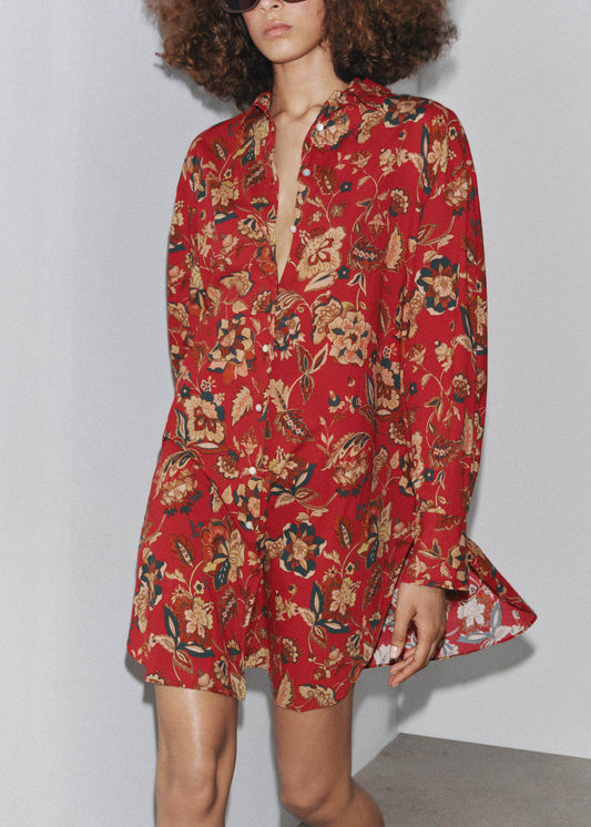 French Red Peter Pan Collar Print Cotton Shirt Dress Long Sleeve