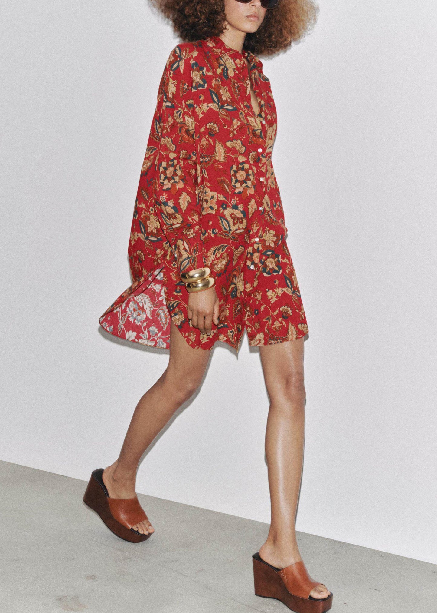 French Red Peter Pan Collar Print Cotton Shirt Dress Long Sleeve