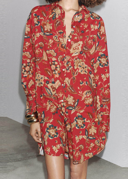 French Red Peter Pan Collar Print Cotton Shirt Dress Long Sleeve