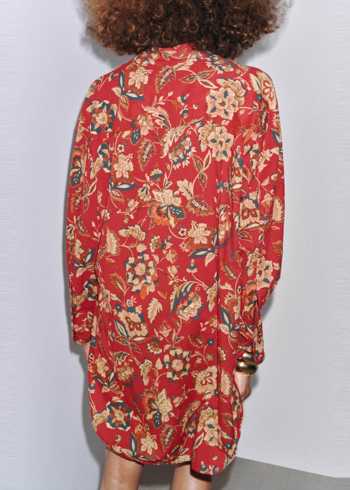 French Red Peter Pan Collar Print Cotton Shirt Dress Long Sleeve